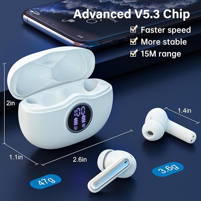 Wireless Earbuds, Bluetooth 5.3 Headphones HiFi Stereo 50H Playback LED Digital Display Ear Buds with ENC Noise Canceling Headset, IPX7 Waterproof Earphones for Gym/Running/Work (White)