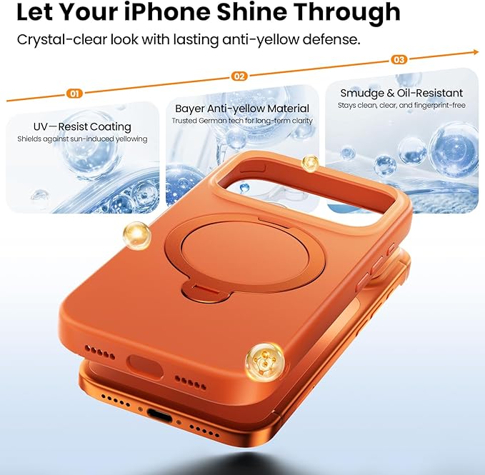 360°Ring Stand for iPhone 17 Pro Max Case, Compatible with MagSafe, Military-Grade Protective,Anti-Yellowing, Scratch-Resistant Back Cover Phone Case for iPhone 17 Pro Max 6.9", Orange
