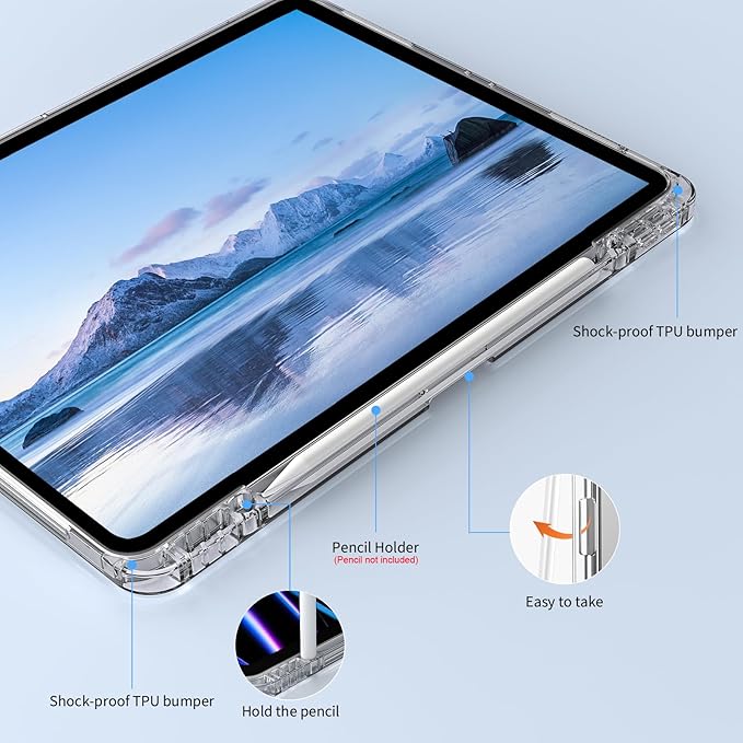 Clear Case for iPad Pro 12.9 inch 6th/5th/4th/3rd Gen with Pencil Holder [Support Pencil Charging] Auto Wake/Sleep, Lightweight Shockproof Trifold Stand Transparent Hard PC Back Cover, Blue