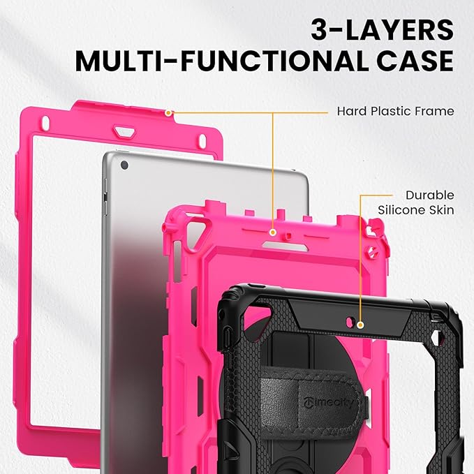 Timecity Case for iPad Air2/ for iPad 6th/5th Generation 2018 2017, for iPad Pro 9.7 Case, with Screen Protector Pencil Holder Rotating Stand/Strap Full-Body Silicone+PC Protective Case- Rose