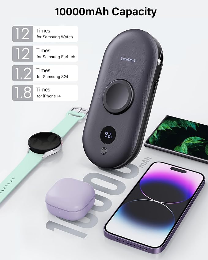 SwanScout Portable Charger for Samsung Watch 8 Classic/8/Ultra/7, 10000mAh Power Bank with Built-in Cables & Wall Plug, 302S Travel Battery Pack Compatible with iPhone, Samsung, and More