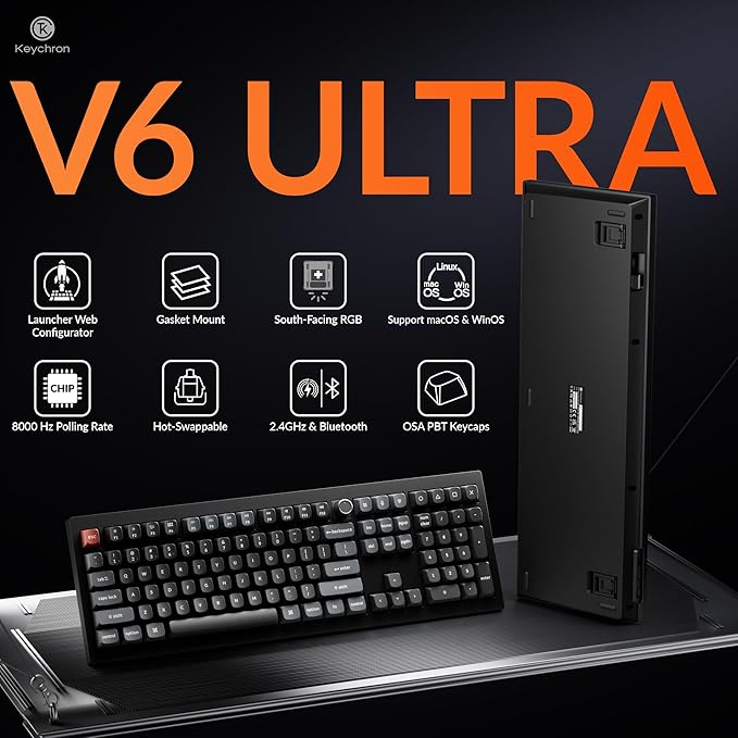 Keychron V6 Ultra 8K Full Size Wireless Mechanical Keyboard, 8000Hz, Hot-Swappable Banana Switch, RGB Backlight, PBT Keycaps, 2.4GHz/Bluetooth/Wired, for Windows macOS Linux – Black