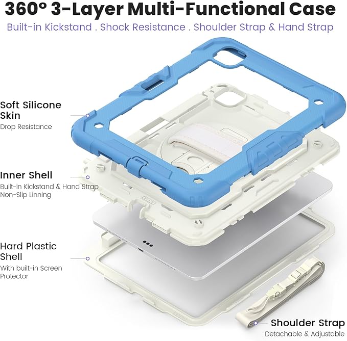 Case for iPad Pro 11 M4 2024 with Screen Protector | Silicone Rugged Protection Case with Rotating Stand Hand Strap Shoulder Strap for iPad Pro 11 Inch 5th Generation Model A2836/A2837/A3006
