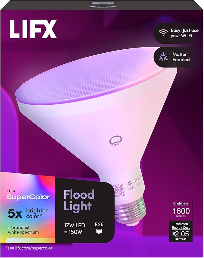 LIFX Smart Flood Light Bulb PAR38 E26 (1 Pack), Color Changing RGB + Warm White 1600 Lumens 150W Equivalent Tunable LED, 90+ CRI, Matter Compatible, Apple HomeKit, Alexa & Google Home Dimmable
