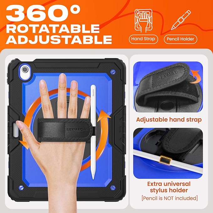 SEYMAC stock Case for iPad Air 13-inch M4-M2 2026-2024 (Gen 8-6), Shockproof Heavy Duty Case with Screen Protector, Pencil Holder, Rotating Stand, Hand Strap, Shoulder Strap, Blue
