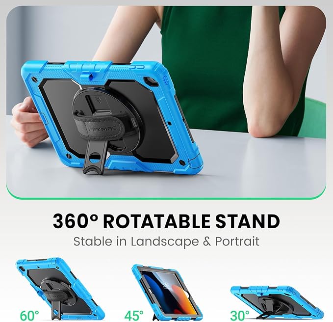 SEYMAC Kids Case for iPad 9th/ 8th/ 7th Generation 10.2" 2021-2019, Heavy Duty Protective Shockproof Case with Screen Protector, Rotating Stand/Handle/Shoulder Strap for iPad 10.2, Light Blue