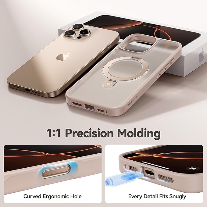 CASEKOO Ultra-Magnetic Stand for iPhone 16 Pro Case [Military Drop Protection] [Compatible with MagSafe] Shockproof Translucent Matte Slim Ring Holder Case for iPhone 16 Pro 6.3", Gold