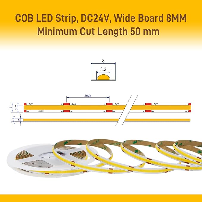Pandery COB LED Strip Lights Warm White,24V Dimmable led Light Strip KIT with Remote and app Control,3000K 9.84FT/3m 8mm Wide Ra>90 Cuttable Flexible Strip Lights for Bedroom,Wardrobe,Cabinet
