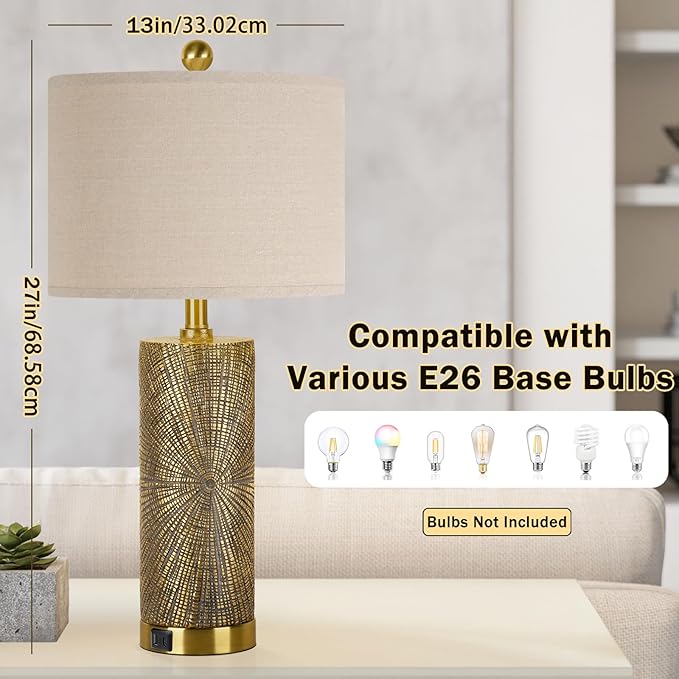27" Gold Vintage Table Lamps Set of 2 with USB A+C Fast Charging Ports, Modern Farmhouse Bedside Nightstand Lamps for Bedroom with Beige Linen Shade, Rustic End Table Lamps for Living Room Office