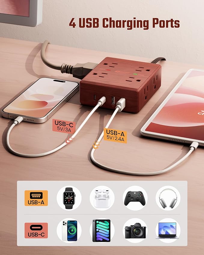 Brown Extension Cord 10Ft, Flat Plug Power Strip Surge Protector, 8 Outlet 4 USB Ports (2 USB C), Wall Mountable, Decorative Wood Charging Station for Home Office Desk Accessories —Wood Grain