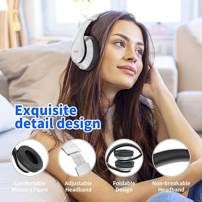 Uliptz Wireless Bluetooth Headphones, 65H Playtime, 6 EQ Sound Modes, HiFi Stereo Over Ear Headphone with Microphone, Foldable Lightweight Bluetooth 6.0 Headphones (Silver)