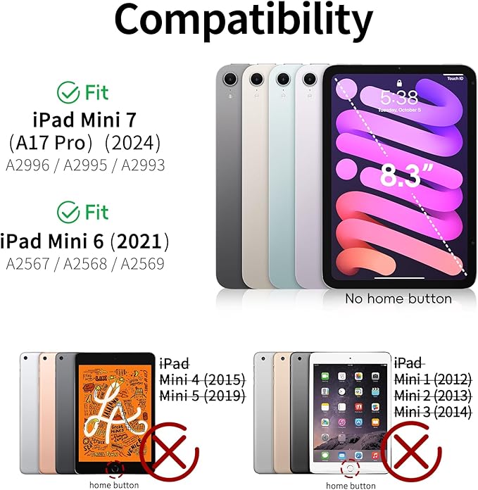 BRAECNstock Case for iPad mini 7 (A17 pro) 2024 & Mini 6 2021 8.3-inch,Shockproof Protective Cover with Pencil Holder,Screen Protector,360° Rotating Hand Strap/Stand- Lavender Grey