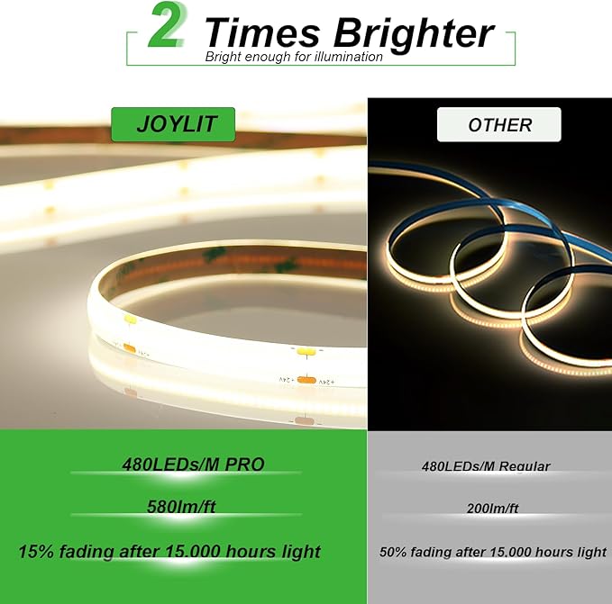 JOYLIT 24V COB LED Strip Lights 16.4ft 4000K Natural White 550LM/FT Super Bright CRI 95+, UL Premium 2400LEDs Dotless Dimmable Adhesive Tape Light 90W for Commercial, Industrial, Residential