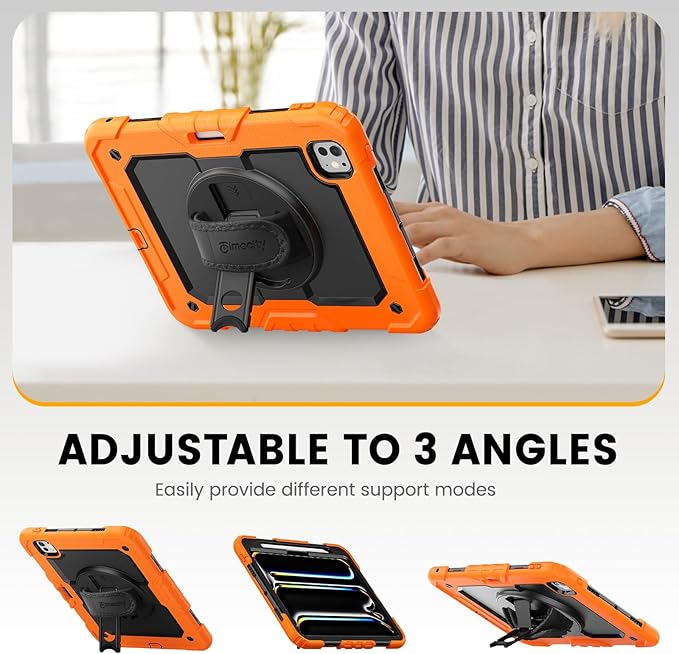 timecity Case for iPad Pro 11 Inch M5 2025 / M4 2024, 360° Rotating Stand, Pencil Holder & Wireless Charging, Shockproof with Screen Protector & Shoulder Strap - for Designers & Professionals, Orange