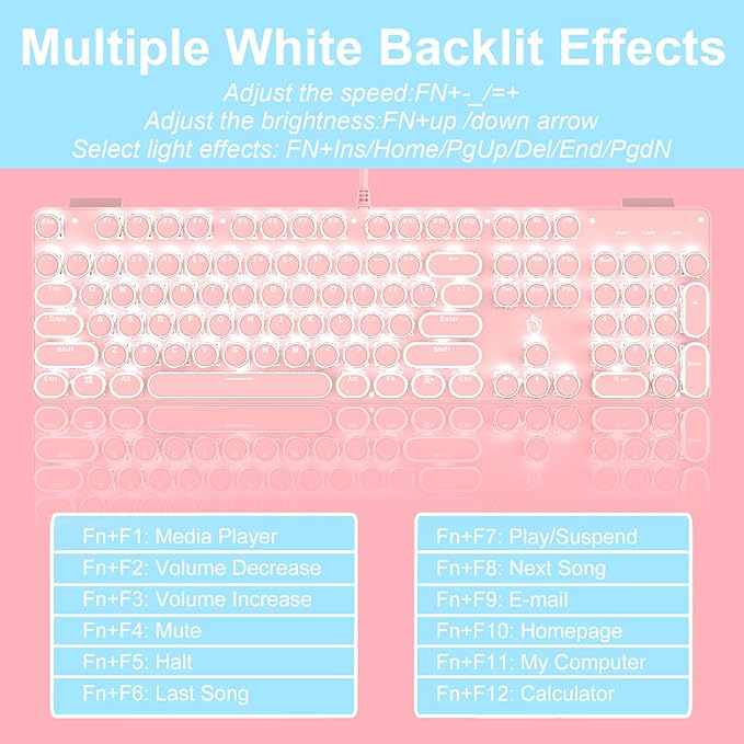 YSCP Typewriter Style Mechanical Gaming Keyboard White Backlit Wired with Blue Switch Retro Round Keycap 104 Keys Keyboard (Pink)