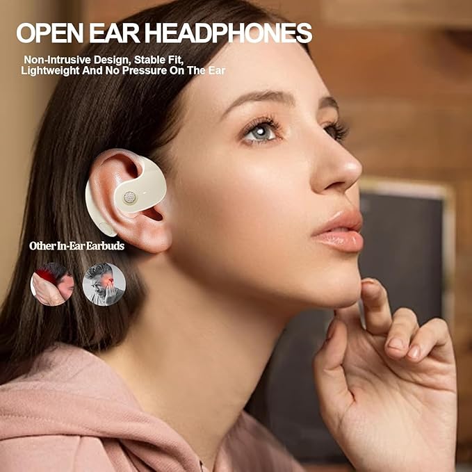 Women Men Open Ear Headphones, Bluetooth 5.4 Wireless Sports Headphones with Digital Display Charging Case 48 Hours Playtime True Earbuds with Earhooks for Jogging Walking Workout (Light khaki)