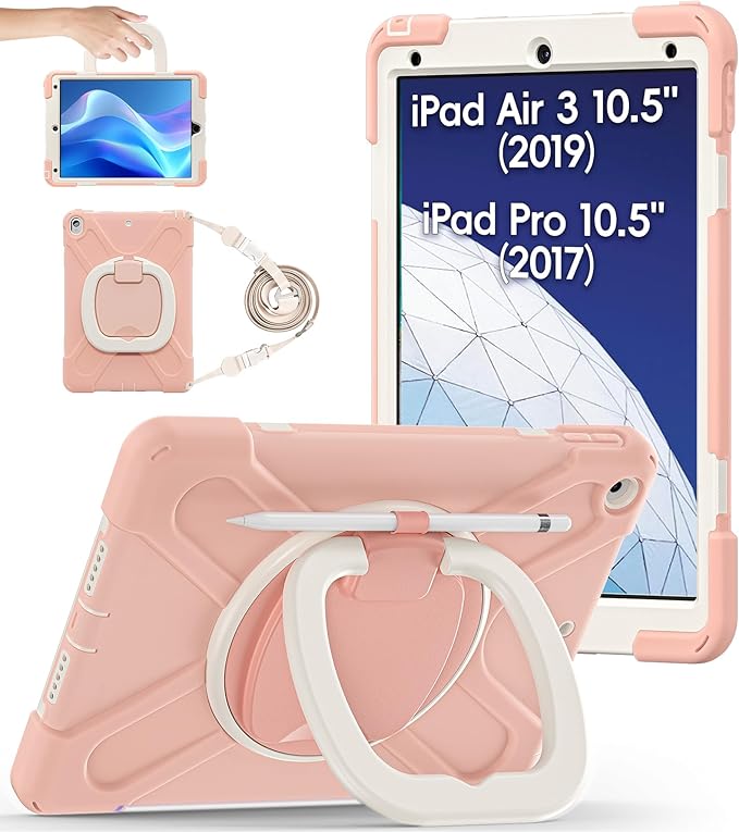 BATYUE case for iPad Air 3rd Gen 2019 & iPad Pro 10.5" 2017, Heavy Duty Rugged Protective Cover with 360° Swivel Stand, Shoulder Strap & Pencil Holder - for Business, Outdoor, Kids - Rose Gold