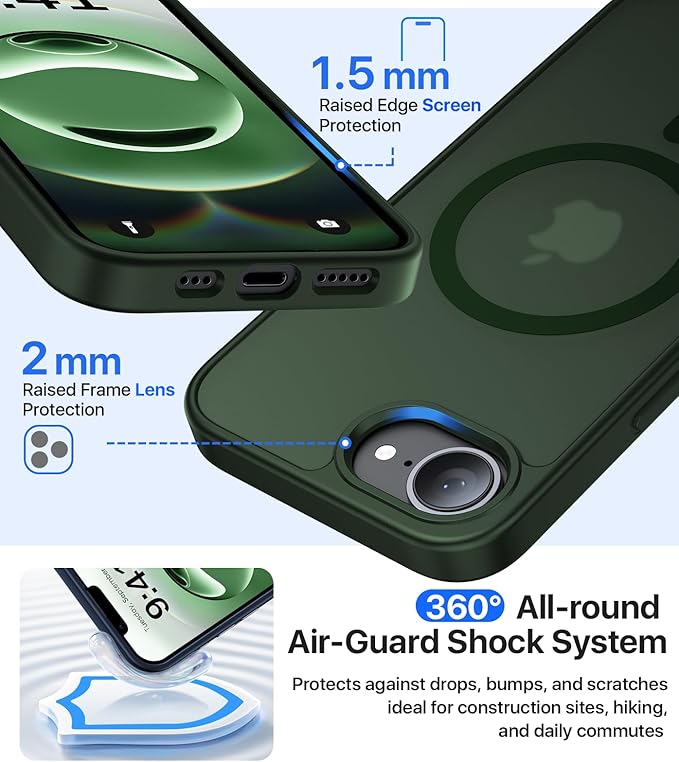 Eastinbox Magnetic Shockproof for iPhone 17e & iPhone 16e Case [Compatible with MagSafe] [Military-Grade Protection] Anti-Yellowing, Matte Protective Phone Case for iPhone 17 e/16 e 6.1", Green