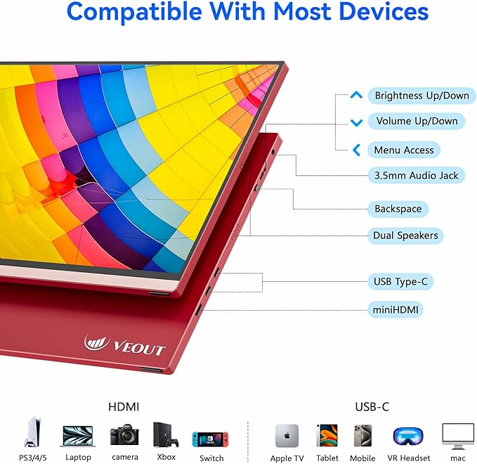 Veout 16Inch Pink Portable Monitor for Laptop, 1920x1200P IPS 16:10 Computer External Screen, 100% sRGB Stand Support Freesync, for Girl Phone, PC Home Use