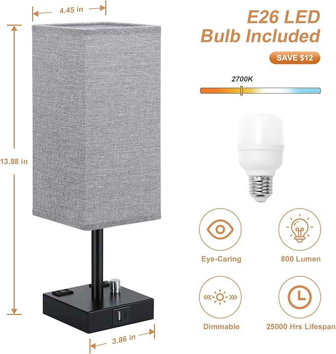 aooshine Gray Fully Dimmable Nightstand Lamps Set of 2 - Table Bedside Lamp with USB C+A Charging Ports & 2 AC Outlets, Square Lamp Sets Linen Fabric Shade for Bedroom Living Room(Bulb Included)