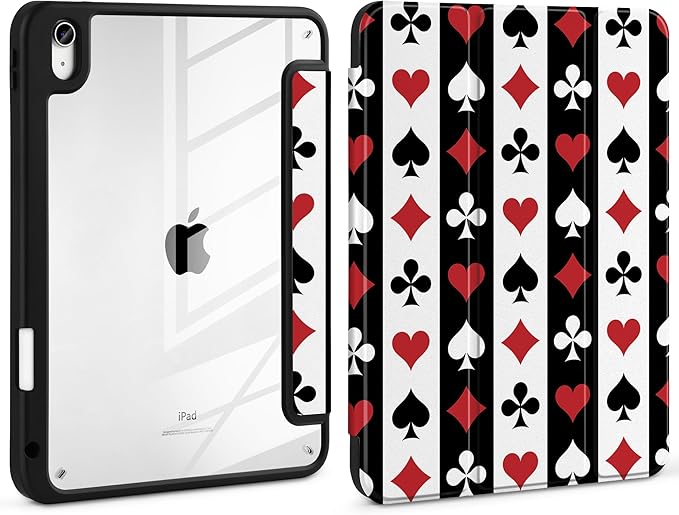 Case for iPad Air 11 inch M4 2026 M3 2025 M2 2024,iPad Air 5th (2022) / 4th (2020) 10.9 Inch Clear Back Shell Lightweight TPU Trifold Stand Auto Wake Sleep Cute Cover, Suit of Playing Card