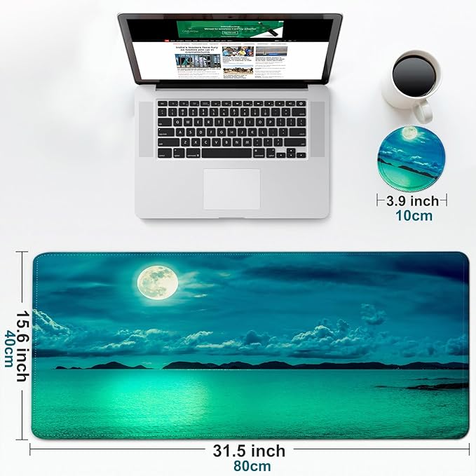 Large Gaming Mouse Pad with Coaster, Desk Matt for Desktop, Desk Pad, Mouse Pads Mat, Stitched Edges Big Extended Mousepad for Computer Keyboard Laptop Office Decor, 31.5'' x15.6''-Moon Ocean
