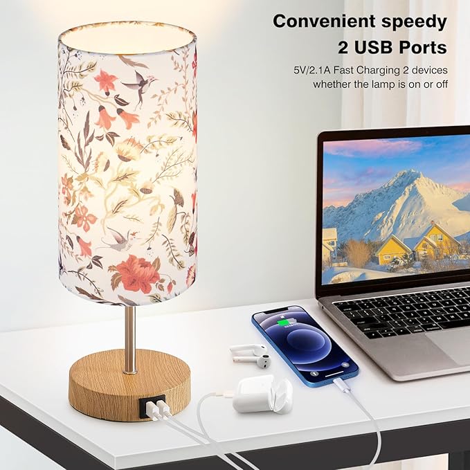 Bedside Touch Lamp, Wood Small Table lamp with 2 USB Charging Ports & Flower Fabric Shade, 3-Way Dimmable Nightstand Lamps for Living Room Bedroom Office Reading Desk Home Dorm(LED Bulb Included)