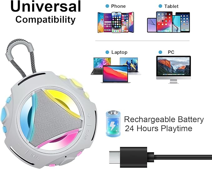 Portable Bluetooth Speaker, IPX7 Waterproof Shower Speaker, Wireless Outdoor Speakers, Floating, Built-in Mic, 24H Playtime with LED Lights, Loud HD Sound, Powerful Bass, Gifts for Unisex - Gray