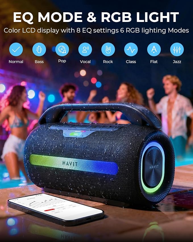 havit 120W Loud Bluetooth Speaker with Deep Bass, IPX6 Waterproof Outdoor Party Speaker, RGB Lights, 12H Playtime, TWS Pairing, Portable Speaker for Beach, Camping, Backyard
