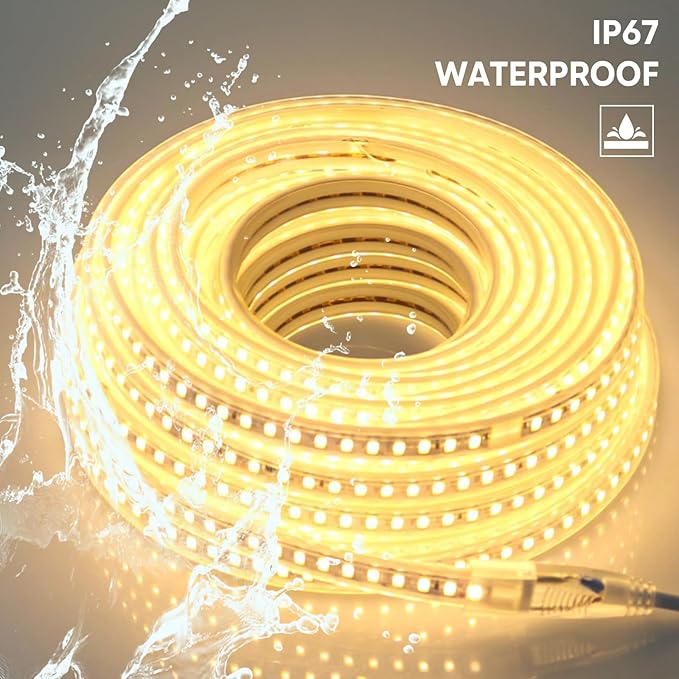 AC 110V Cuttable LED Light 65.62ft Outdoor LED Strip Lights Waterproof 120LEDs/m 3000K Warm White Rope Lights Super Bright Under Cabinet Lighting for Outside Bedroom Kitchen Wall TV