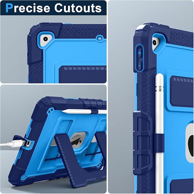Kids Friendly Case for Apple iPad 10.2" 9th 8th 7th Generation 2021/2020/2019 Case with Pencil Holder & Shoulder Strap, Military Grade Shockproof Kickstand Hard Shell Protective Cover,Blue