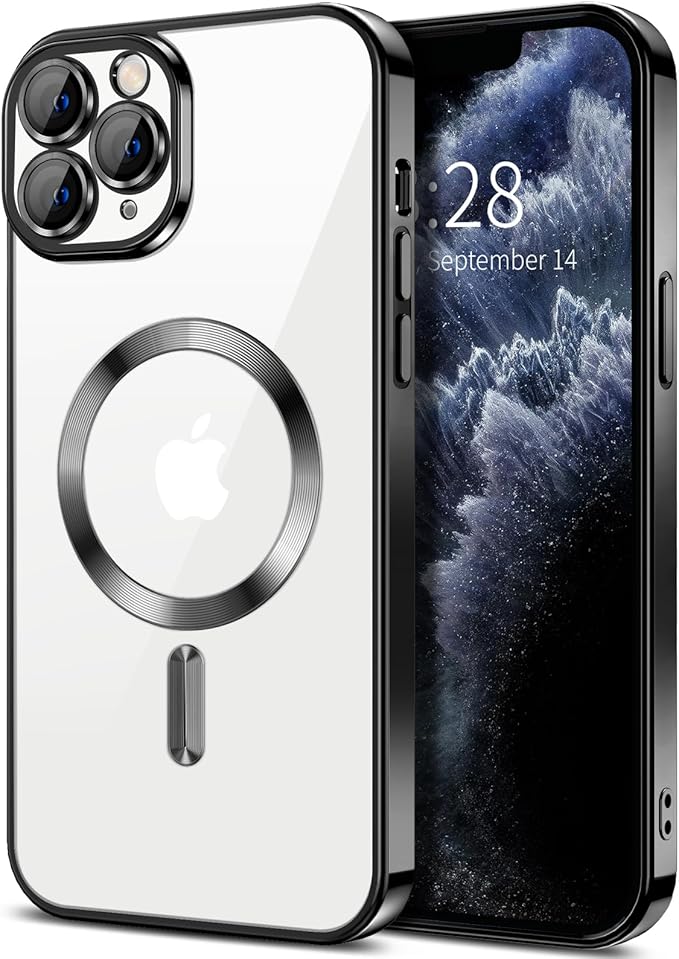 Hython Magnetic Clear for iPhone 11 Pro Max Case with Camera Lens Protector [Compatible with MagSafe] Plating Edge Slim Soft TPU Cover Protective Phone Case for iPhone 11 Pro Max 6.5", Black