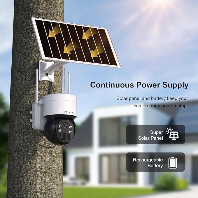 HOSAFE.COM Security Cameras Wireless Outdoor, Solar WiFi Cameras for Home Security, 2K Color Night Vision, AI Motion Detection, 2-Way Audio, IP66 Waterproof, SD/Free Cloud Storage (Need Apply)