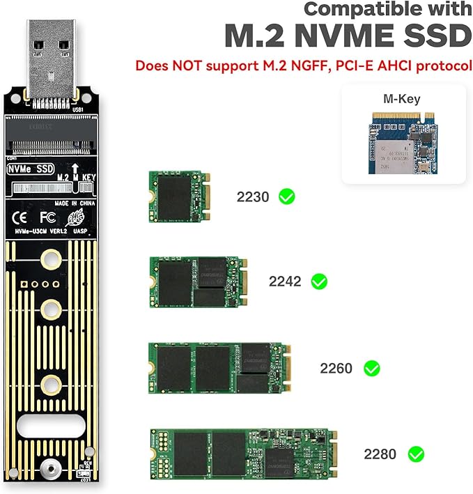 ELUTENG NVME to USB Adapter USB 3.1 Gen 2 to M.2 NVMe SSD Converter Adapter 10Gbps PCIe Based M Key Hard Drive Reader Max 4TB Support UASP for 2280 2260 2242 2230 SSD (Only for M.2 NVME)