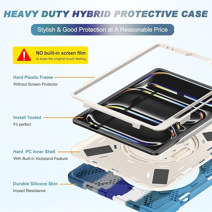 Batianda Case for New iPad Pro 11-inch 2025 M5 2024 M4 Chip Heavy Duty Rugged Durability Silicone Tablet Cover with 360° Rotating Hand Strap Foldable Hidden Stand & Shoulder Strap, Colorful Blue