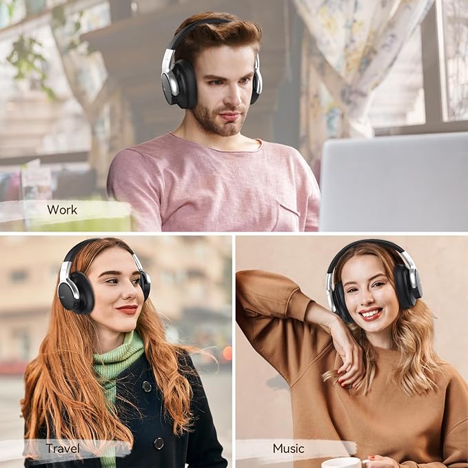 AUSDOM Bluetooth Noise Cancelling Headphones: E7 Wireless Over Ear ANC Headphones with Microphone, 50H Playtime, Hi-Fi Sound, USB C Charge, Comfortable Earpads for Travel Work Adults, Silver Black