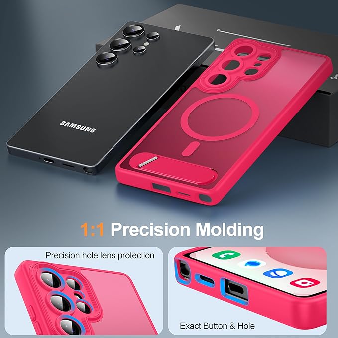 Magnetic for Samsung Galaxy S25 Ultra Case, [Compatible with MagSafe][Full Camera Protection][Built-in Invisible Kickstand] Translucent Matte Phone Case for S25 Ultra 6.9" - Hot Pink