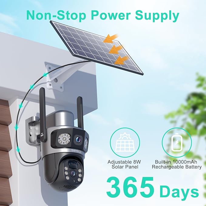 SANSCO 2K Dual Lens Solar Security Camera Wireless Outdoor, 2.4G & 5G WiFi, 360° PTZ Home Security Camera, 100% Wired Free, Spotlight Color Night Vision, 2-Way Audio, PIR Motion Detection, APP Alerts