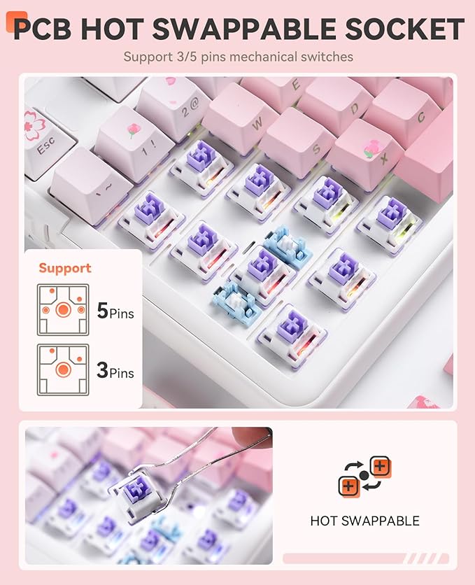 DAREU EK98pro Sakura Pink Wireless Mechanical Keyboard,Tri-Mode BT/2.4GHz/USB-C Creamy Gaming Keyboard with Number Pad,Gasket Structure,Hot Swappable Custom,RGB Backlit for Win/Mac