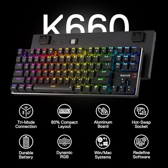 Redragon K660RGB-PRO (K556 TKL) Wireless Gaming Keyboard, 80% 87 Keys BT/2.4Ghz Tri-Mode Aluminum Mechanical Keyboard w/Mac Function Keys, Hot-Swap Sockets & Noise Absorbing Form, Red Switch