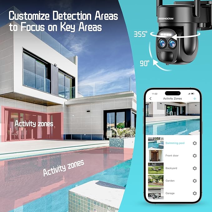 4K Dual Lens Solar Security Cameras Wireless Outdoor, 2.4G/5Ghz WiFi 6 Security Camera, 355° Pan/Tilt Home Security Camera with 8MP Color Night Vision, PIR Motion Detection, Auto Tracking, Alexa