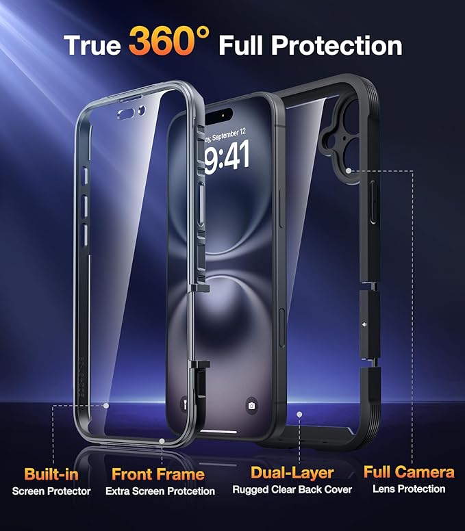 Diaclara Designed for iPhone 16 Plus Case 6.7 Inch,Upgraded [Full Camera Protection] Full Body Rugged Clear Bumper Case w/Built-in Screen Protector for 16Plus,Black