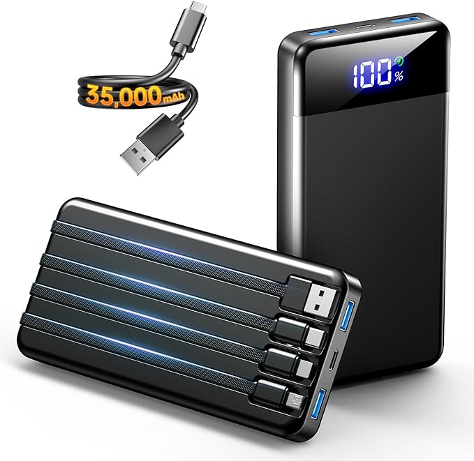Portable Charger 35000mAh Power Bank - Powerbank with 4 Built in Cables, 22.5W Fast Charging Travel Camping Essential Battery Pack Compatible with iPhone 17 16 15 14 13 Samsung Google, 1 Pack