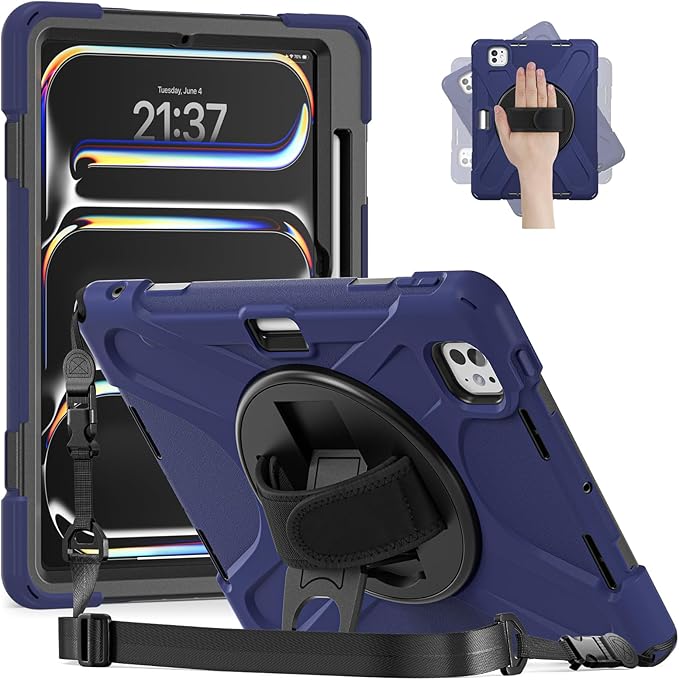 Batianda Case for New iPad Pro 11-inch 2025 M5 2024 M4 Chip Heavy Duty Rugged Durability Silicone Tablet Cover with 360° Rotating Hand Strap Foldable Hidden Stand & Shoulder Strap, Navy Blue