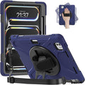 Batianda Case for New iPad Pro 11-inch 2025 M5 2024 M4 Chip Heavy Duty Rugged Durability Silicone Tablet Cover with 360° Rotating Hand Strap Foldable Hidden Stand & Shoulder Strap, Navy Blue