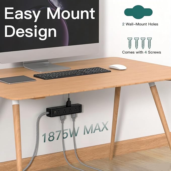 Addtam Black Power Strip Surge Protector with 12 AC Outlets & 4 USB Ports, 5FT Extension Cord, Flat Plug Wall Mount, 1050J, Desk Charging Station for Home Office Gaming Setup, ETL Listed