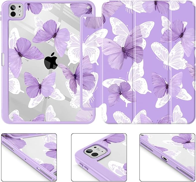 May Chen Case for iPad Pro 11-Inch M5/M4 2025/2024 (6th/5th Generation), Clear Transparent Print Back Shell Slim Stand Shockproof Tablet Cover, Auto Wake/Sleep, Butterfly P787