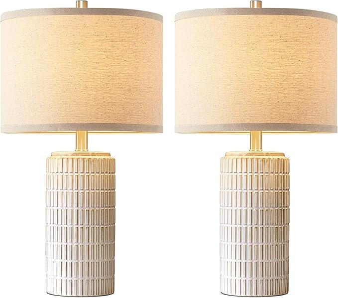AIEAMPDO 23'' Set of 2 Modern Ceramic Table Lamps for Living Room Bedroom, Nightstand Farmhouse Beige White Desk Lamp for Bedside End Table Entryway, 2 LED Bulbs Included