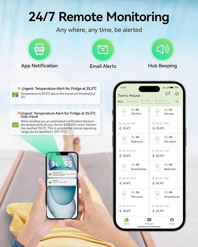 MOCREO WiFi Remote Refrigerator Thermometer, 1/3 Mile Long Range Freezer Alarm, IP66 Waterproof, App Email Alert, with Digital Monitor Hub, 1 Smart Wireless Temperature Sensor for Kitchen, Fridge, RV
