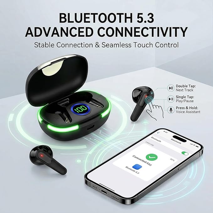 Wireless Bluetooth Earbuds, Bluetooth 5.3, 20-Hour Battery Life, Hi-Fi Stereo Sound, LED Digital Display, Waterproof Design, Suitable for Phones, Work, and Various scenarios.